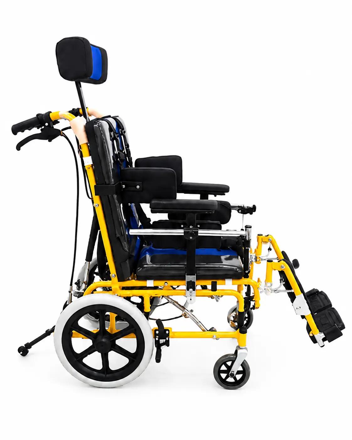 Fauteuil IMC jaune vue de cote avec appui-tete reglable et chassis renforce en Algerie