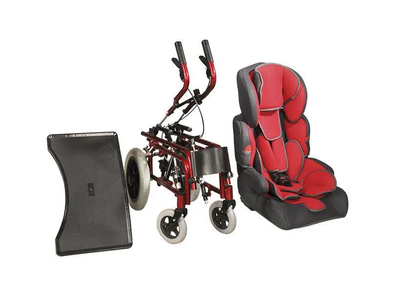Fauteuil IMC pediatrique demonte - chassis rouge assise posturale et tablette