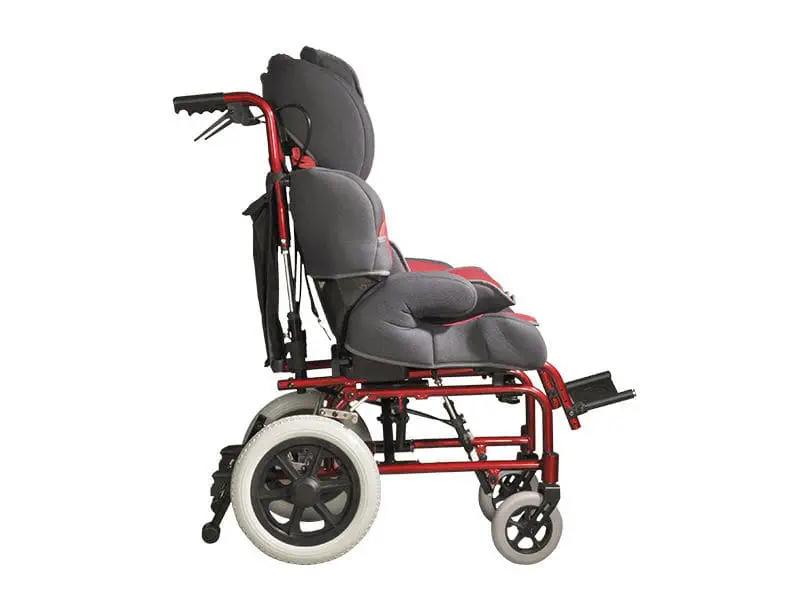 Fauteuil IMC pediatrique rouge profil assis - maintien tete dos bassin