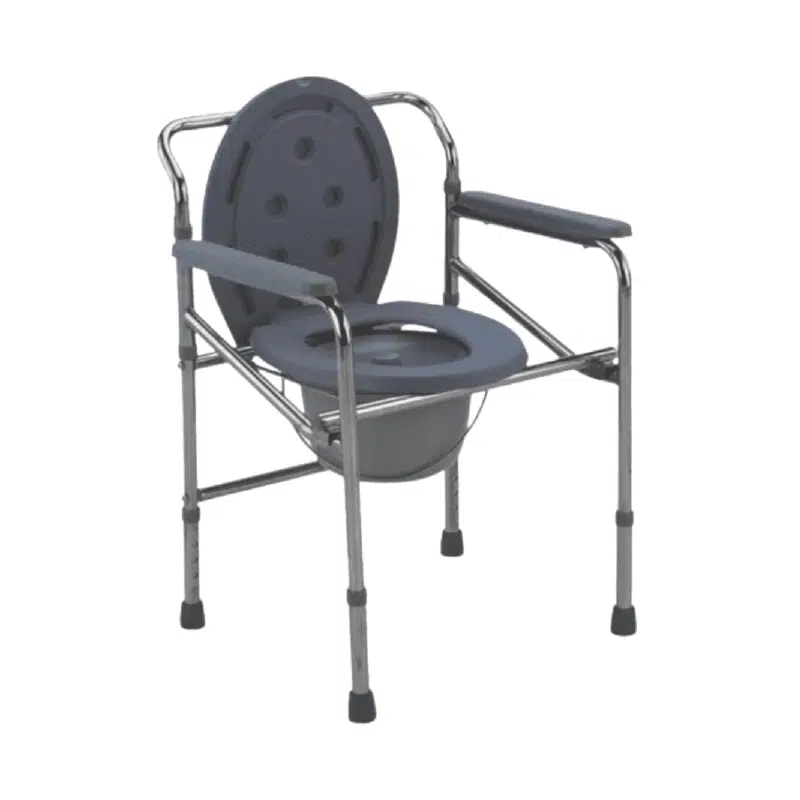 Chaise garde-robe avec seau amovible, conçue pour les personnes à mobilité réduite ou alitées.