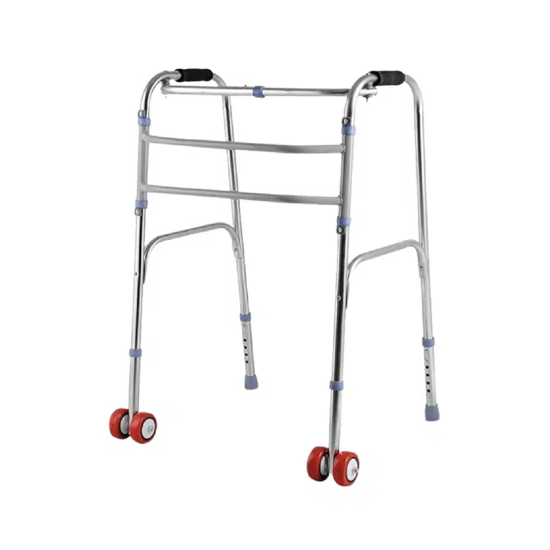 Déambulateur en aluminium équipé de deux roues avant, pour une assistance à la marche souple et sécurisée.
