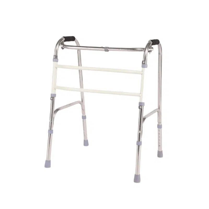 Déambulateur en aluminium sans roues, conçu pour assurer la stabilité des personnes âgées ou en rééducation.