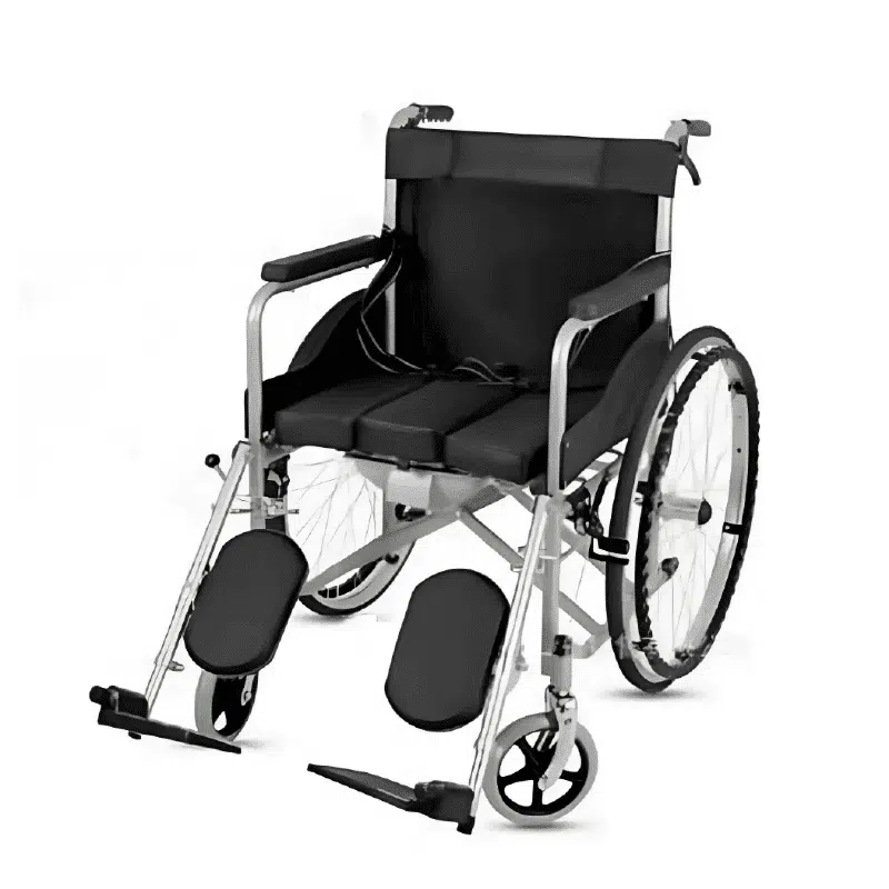 Fauteuil roulant avec fonction garde-robe, revêtement en bâche imperméable, équipé d’un seau hygiénique.