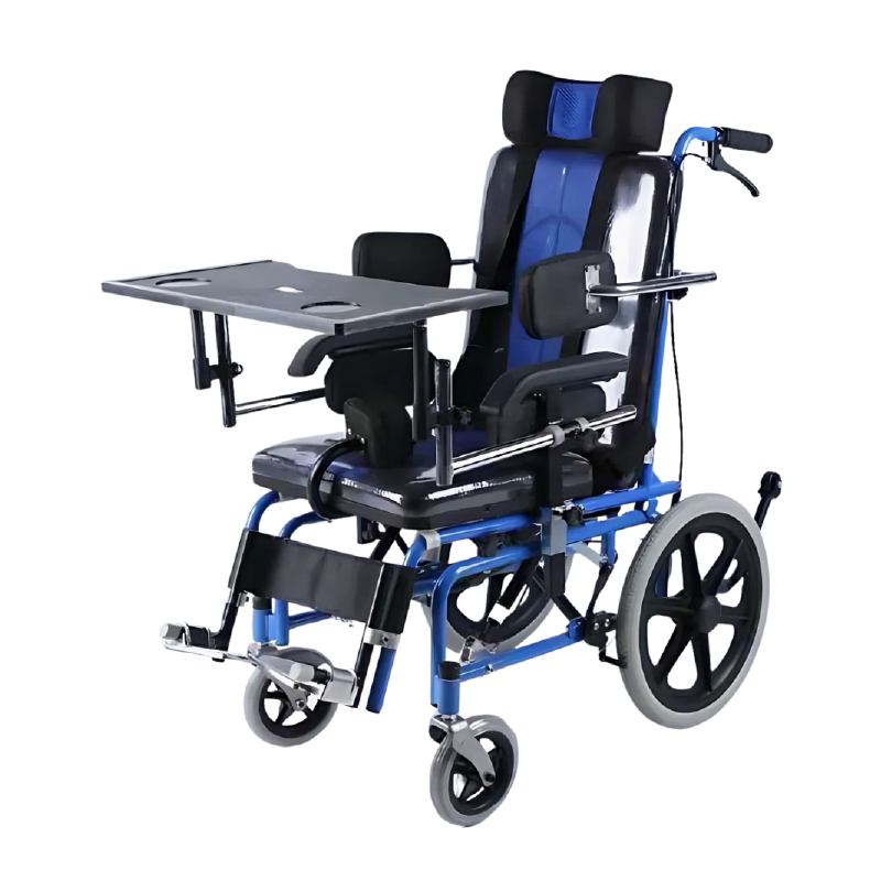 Fauteuil roulant de type IMC en coloris bleu, adapté aux personnes à mobilité réduite, avec accoudoirs et repose-pieds réglables.