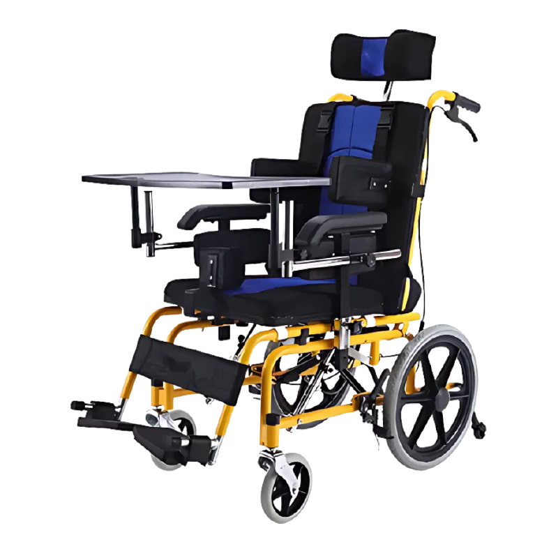 Fauteuil roulant pour enfant en situation de handicap moteur, modèle IMC avec revêtement jaune et dossier ergonomique.
